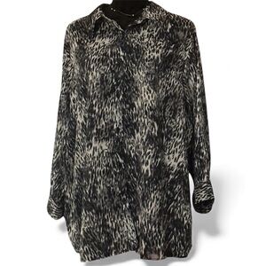 BASIC EDITIONS Snow Leopard Womens 2X Button Up Blouse Top 3/4 Sleeve  Collared